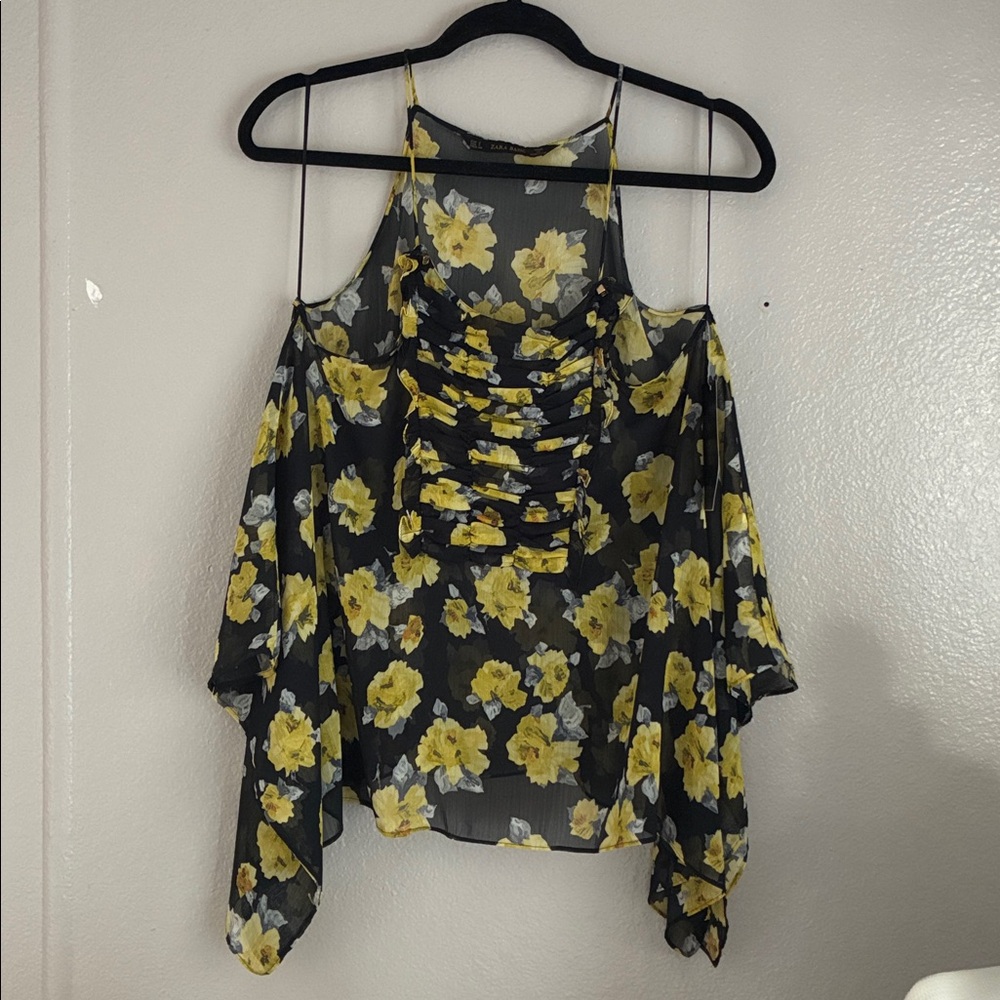 NWT Zara Black and Yellow Floral Top